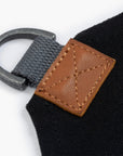 Close-up of a black strap with a brown leather tag and metal ring on a black apron with a with a white background.