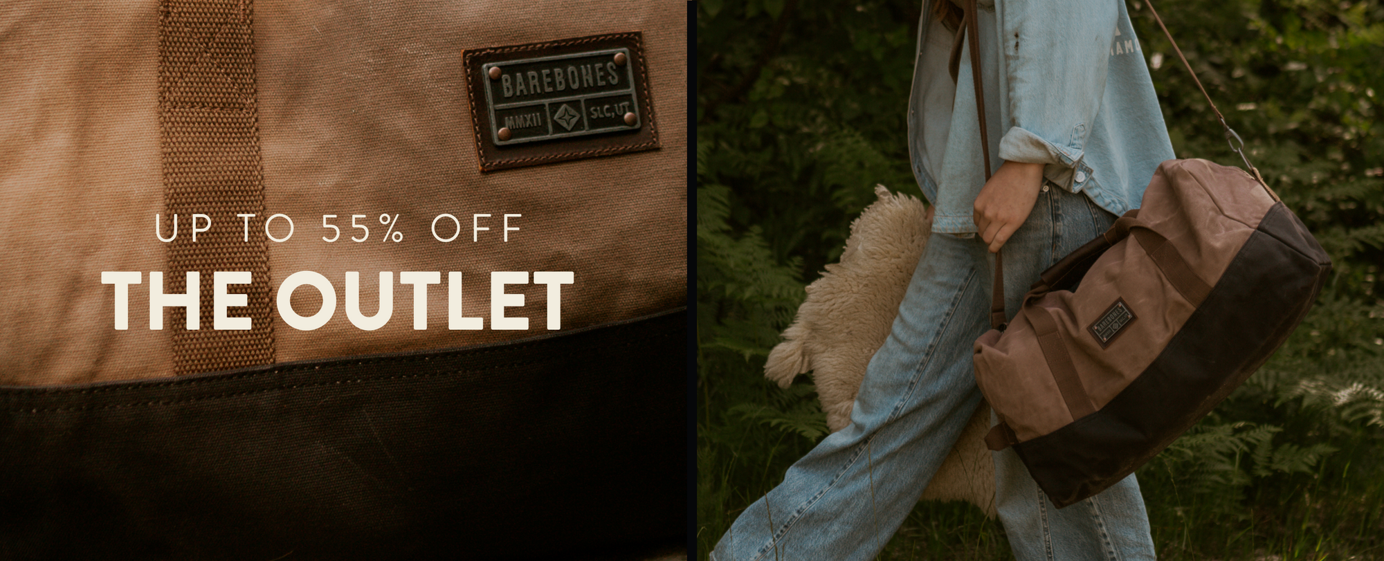 "Up To 55% Off The Outlet" sale with a woman walking in an outdoor setting holding a khaki duffel bag and text overlay.
