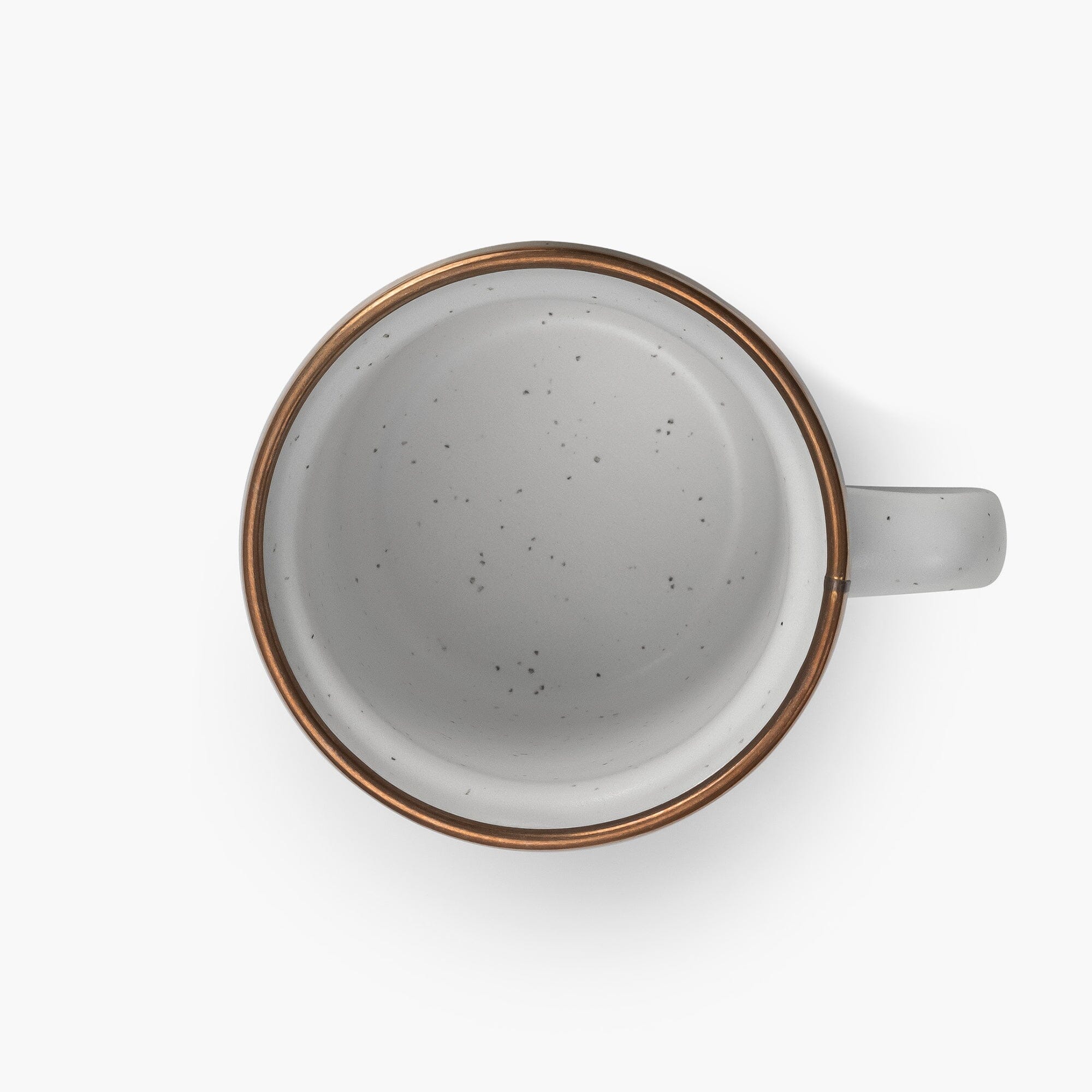 5 oz speckled eggshell enamel espresso cup with copper plated rim on viewed from above on a white background.